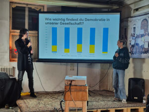 Mitte die Leinwand mit Ergebnissen zur Frage, wie wichtig Jugendliche Demokratie finden. Links davon erklärt Silvan Hecht und rechts davon steht Anastasia Zoubarev