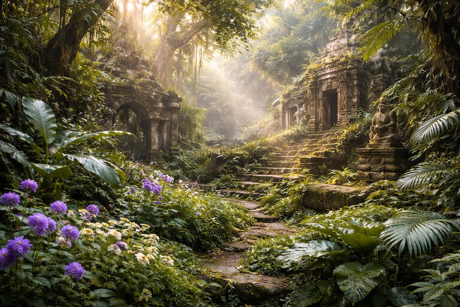 Beispielbild: Tiefer Wald mit eine Weg, drumherum vereinzelt Ruinen