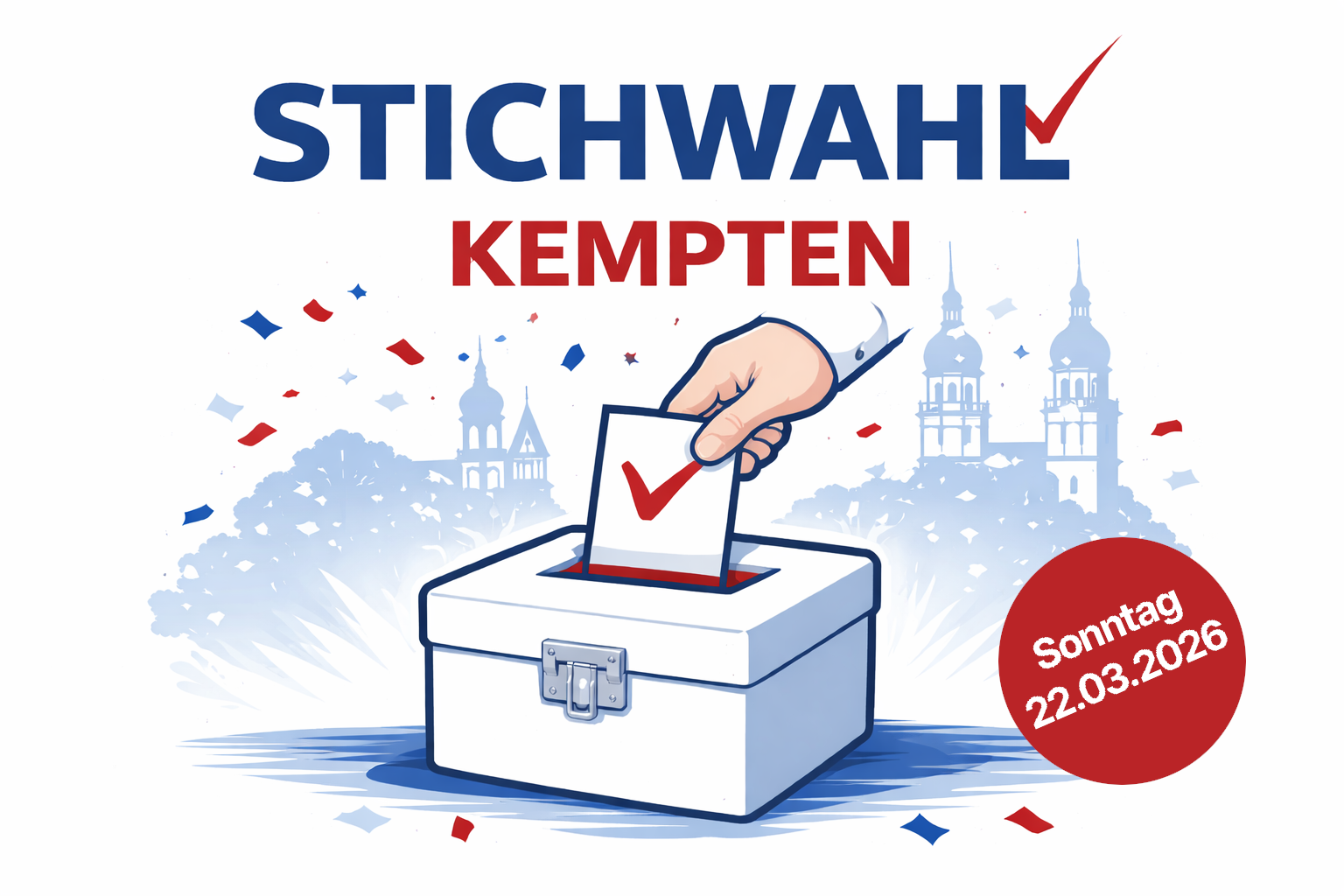 Symbolbild zur Stichwahl in Kempten. Eine Hand wirft einen Stimmzettel in eien Urne im Hintergrund die Stadt schematisch angedeutet.