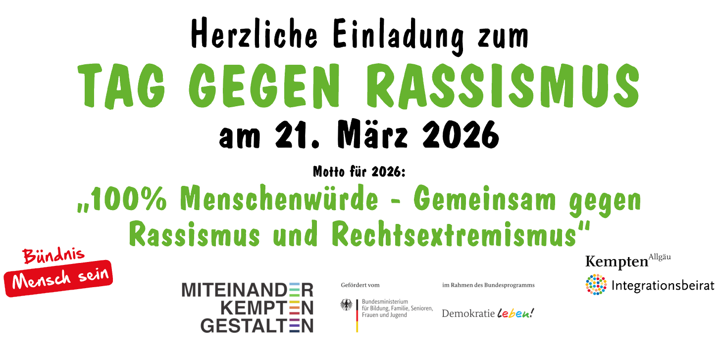 Herzliche Einladung zum Tag gegen Rassismus am 21.03.2026. Motto für 2026: "100 % Menschenwürde - Gemeinsam gegen Rassismus und Rechtsextremismus"