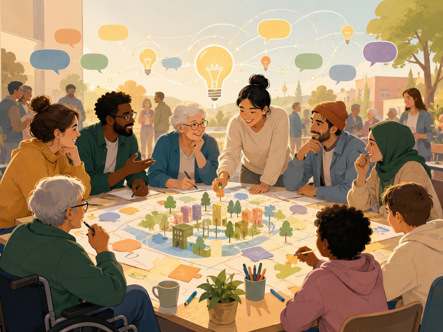 Diverse Menschen sitzen um einen Tisch mit Stadtplanungselementen. Sie diskutieren über neue Ideen