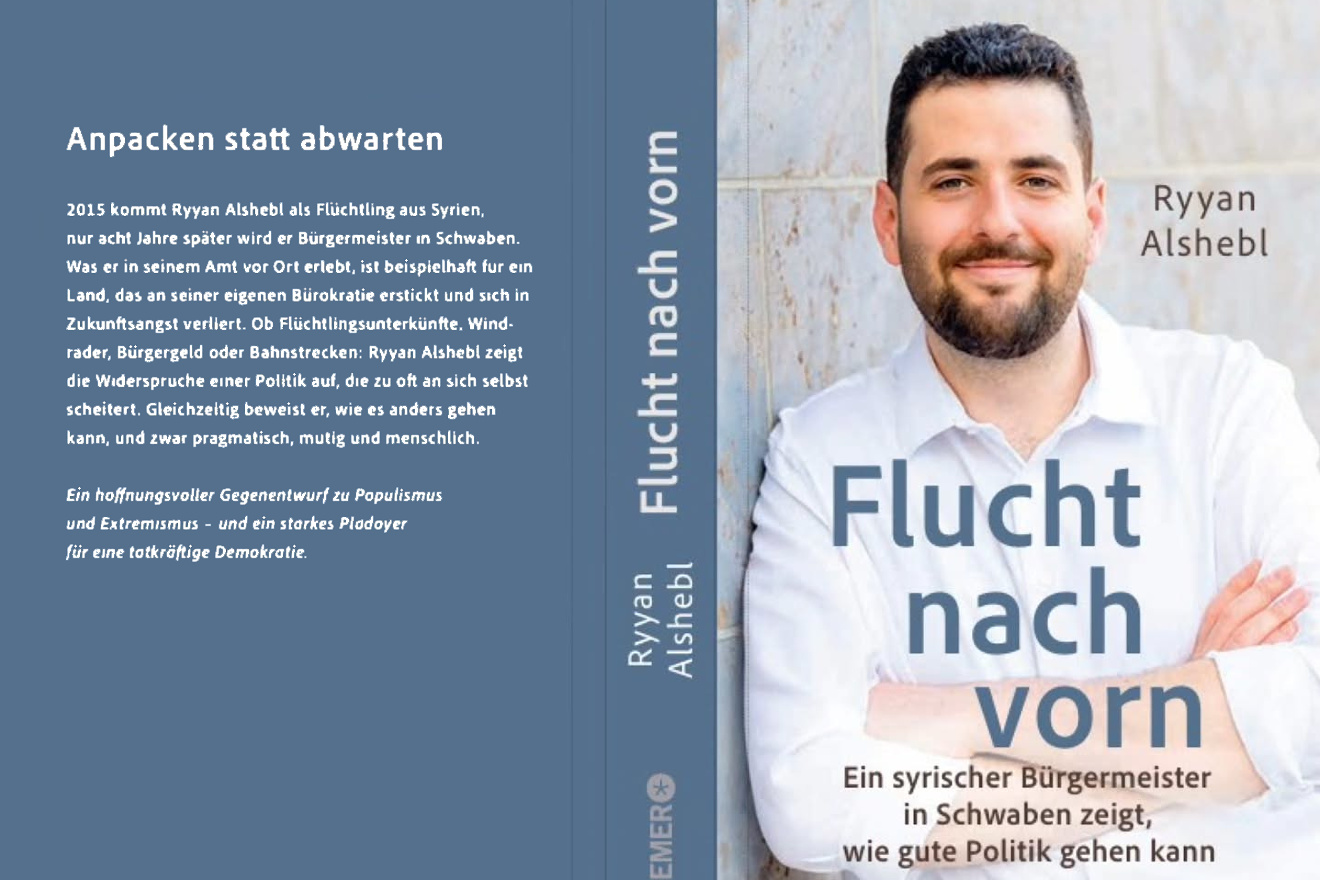 Buchcover von Flucht nach Vorne. Bild mit Ryyan Alshebl (Autor und Bürgermeister)