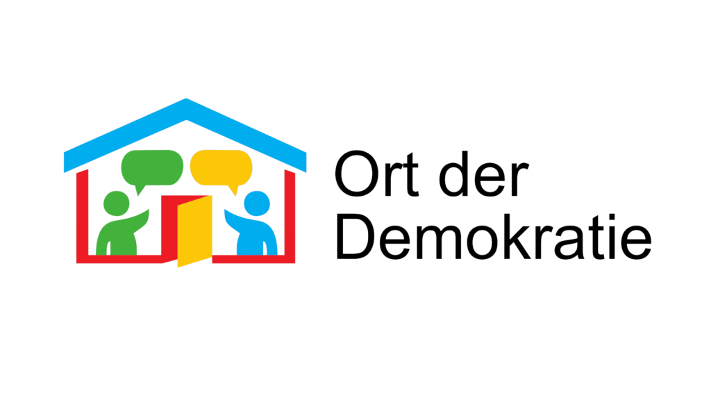 Logo des Orts der Demokratie; Piktografische Darstellung eines Hauses in dem sich zwei Personen unterhalten.