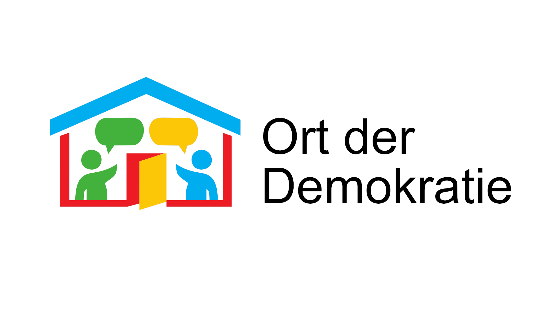 Logo des Orts der Demokratie; Piktografische Darstellung eines Hauses in dem sich zwei Personen unterhalten.